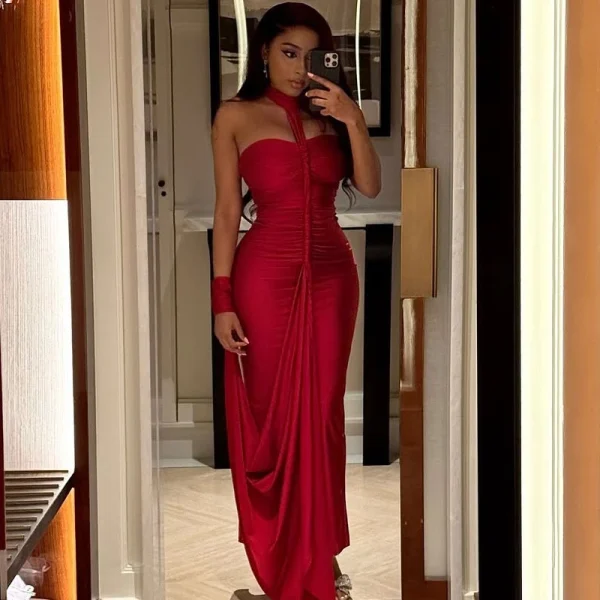 Elegant Halter Backless Skinny Hand Strap Hem Trend Vacation Birthday Party Maxi Dress - Image 3