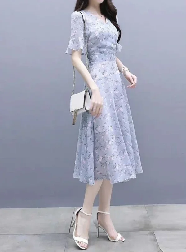 Satin Bandage Flower Silk Chiffon Floral Short Sleeve Midi on Promotion Elegant and Pretty Dresses - Image 2