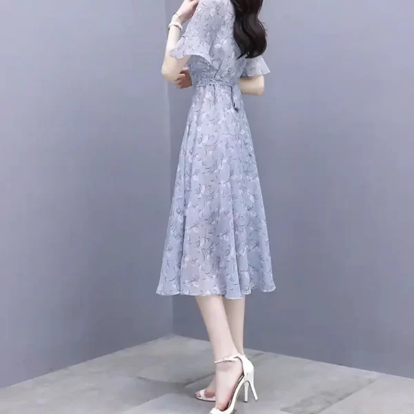 Satin Bandage Flower Silk Chiffon Floral Short Sleeve Midi on Promotion Elegant and Pretty Dresses - Image 4