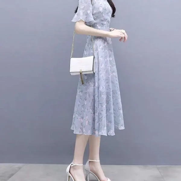 Satin Bandage Flower Silk Chiffon Floral Short Sleeve Midi on Promotion Elegant and Pretty Dresses - Image 3