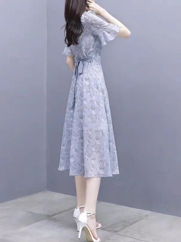 Satin Bandage Flower Silk Chiffon Floral Short Sleeve Midi on Promotion Elegant and Pretty Dresses - Image 5