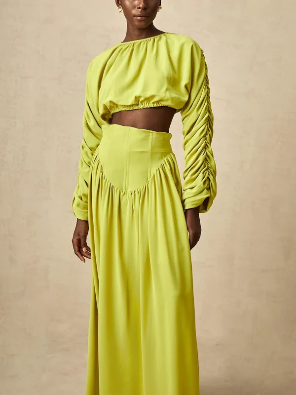 Vintage O Neck Long Sleeve Short Top High Waist A Line Skirts Suits Solid Loose Two Piece Set - Image 5