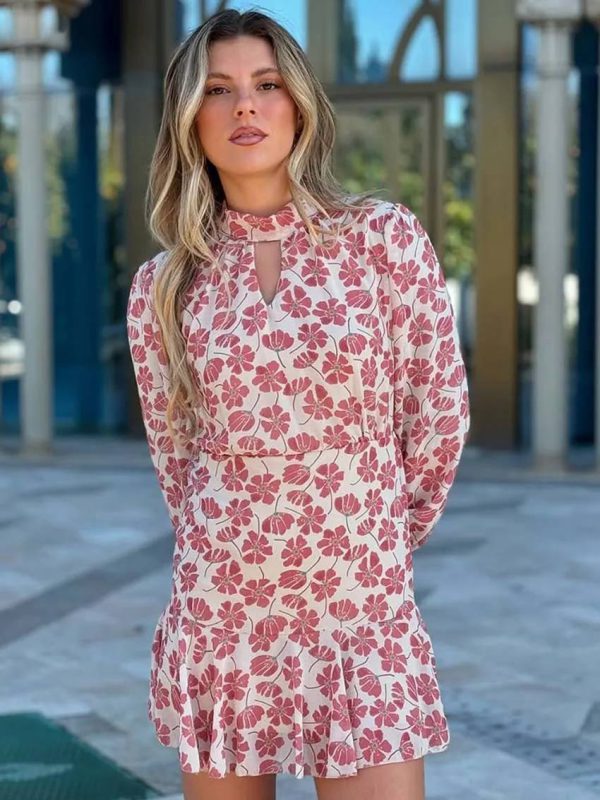Elegant Casual Print Long Sleeve Turtleneck Hollow Out High Waist Hollow Out Dresses - Image 2