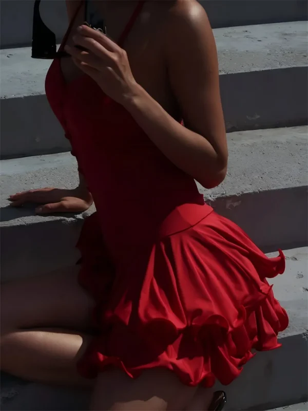 Ruffle V Neck Sleeveless Backless High Waist A-line Club Party Dresses - Image 11