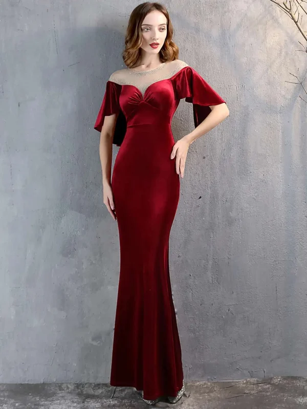 Luxury Mesh Velvet Diamonds O-Neck Wedding Cocktail Evening Dresses