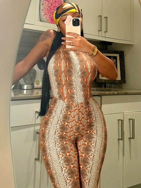 Serpentine Print Halter Backless Sleeveless Skinny Peach Hip Midnight Club Party Jumpsuits - Image 6
