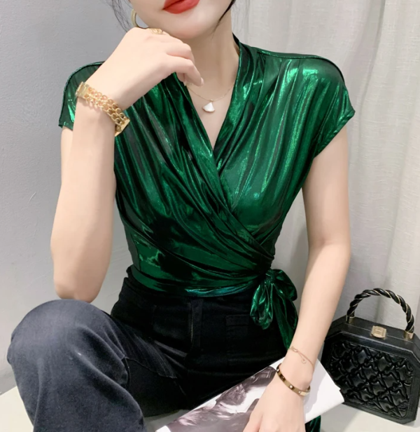 Shinny Short Sleeve Irregular Short Wrap Shirt Bandage Tops - Image 2
