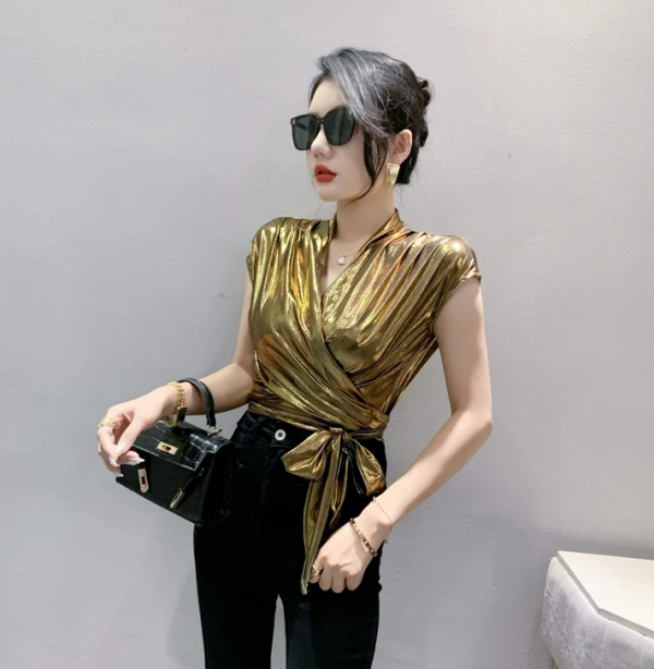 Shinny Short Sleeve Irregular Short Wrap Shirt Bandage Tops - Image 10
