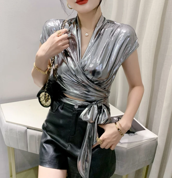 Shinny Short Sleeve Irregular Short Wrap Shirt Bandage Tops - Image 12