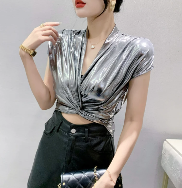 Shinny Short Sleeve Irregular Short Wrap Shirt Bandage Tops - Image 13
