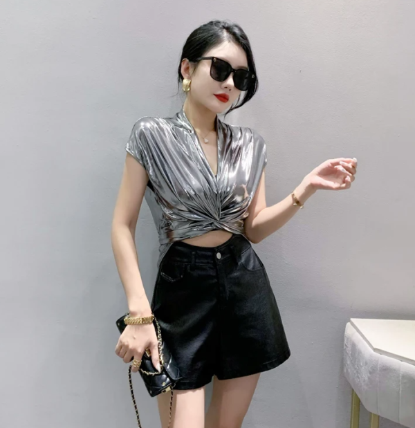Shinny Short Sleeve Irregular Short Wrap Shirt Bandage Tops - Image 14