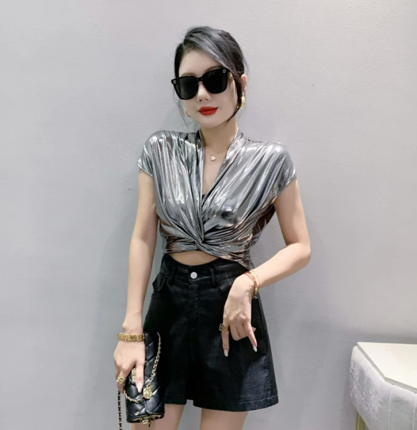 Shinny Short Sleeve Irregular Short Wrap Shirt Bandage Tops - Image 15