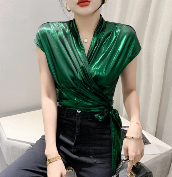 Shinny Short Sleeve Irregular Short Wrap Shirt Bandage Tops
