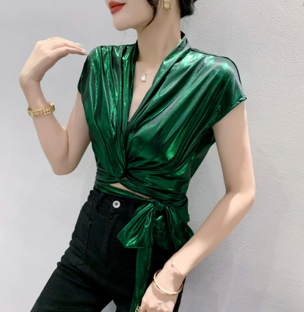 Shinny Short Sleeve Irregular Short Wrap Shirt Bandage Tops - Image 3