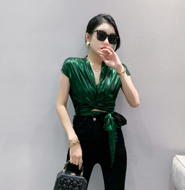 Shinny Short Sleeve Irregular Short Wrap Shirt Bandage Tops - Image 4