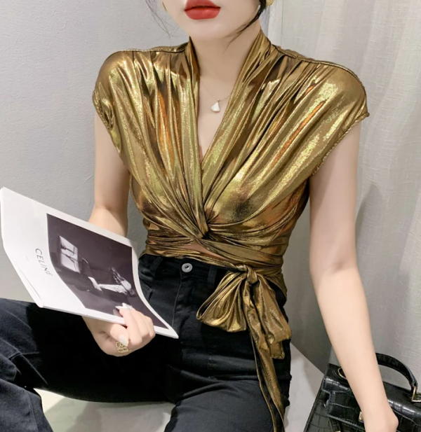 Shinny Short Sleeve Irregular Short Wrap Shirt Bandage Tops - Image 6