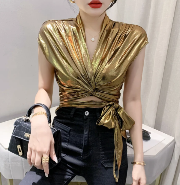 Shinny Short Sleeve Irregular Short Wrap Shirt Bandage Tops - Image 7