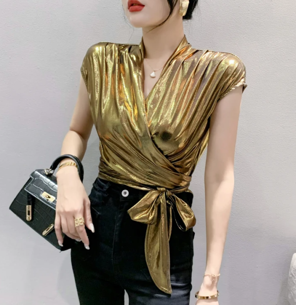 Shinny Short Sleeve Irregular Short Wrap Shirt Bandage Tops - Image 8