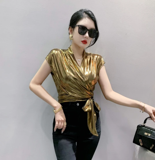 Shinny Short Sleeve Irregular Short Wrap Shirt Bandage Tops - Image 9