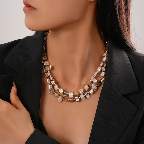 Vintage Geometric Irregular Beads Boho Double-layer Shell Short Chains Necklace - Image 2