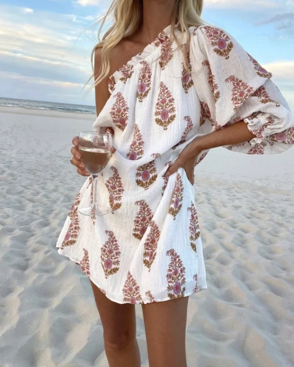 Simple Plant Print Pleated Diagonal Shoulder Lantern Sleeve Casual Loose Fitting Dress - Image 2