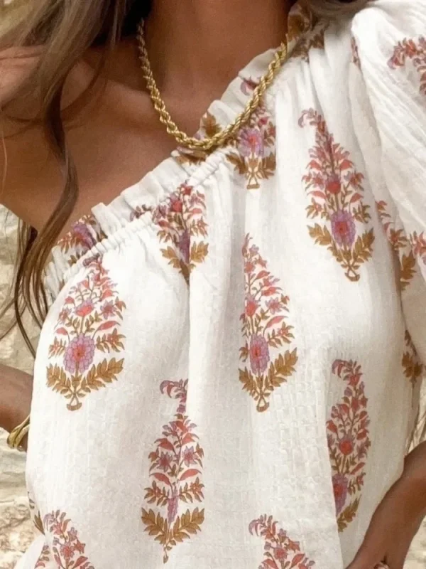 Simple Plant Print Pleated Diagonal Shoulder Lantern Sleeve Casual Loose Fitting Dress - Image 3