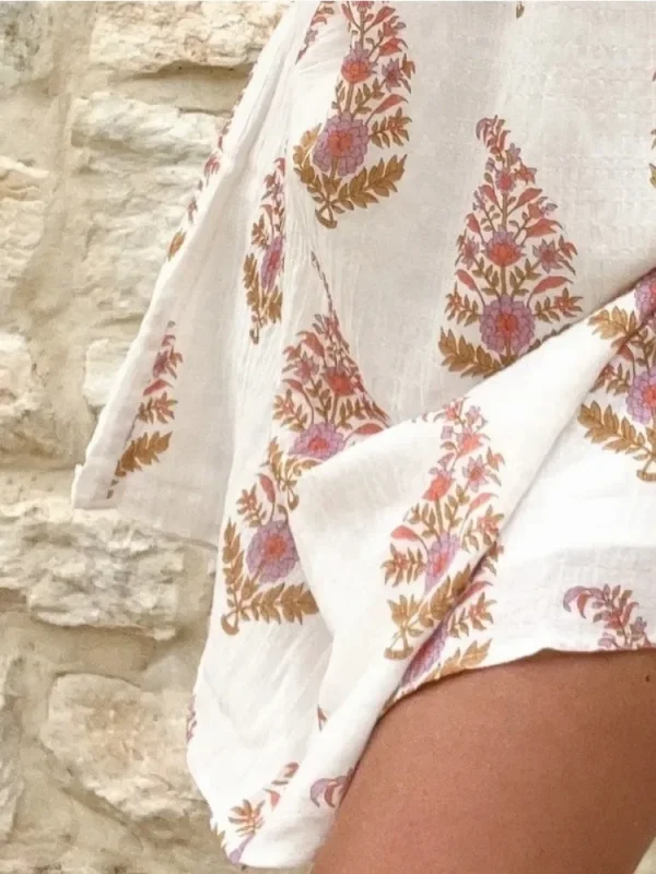 Simple Plant Print Pleated Diagonal Shoulder Lantern Sleeve Casual Loose Fitting Dress - Image 4