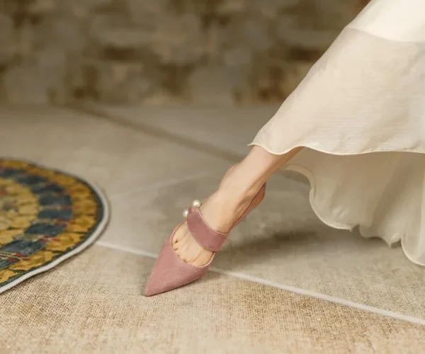 Sling- back Pearl Sheep Suede Leather Pointed Toe Thin Heel Sandals - Image 7
