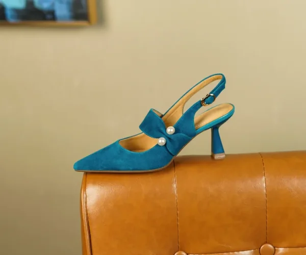 Sling- back Pearl Sheep Suede Leather Pointed Toe Thin Heel Sandals - Image 16