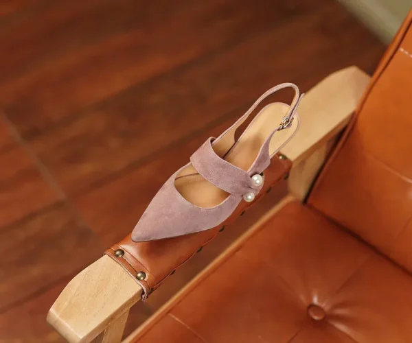 Sling- back Pearl Sheep Suede Leather Pointed Toe Thin Heel Sandals - Image 9