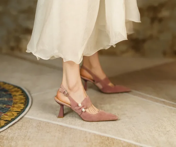 Sling- back Pearl Sheep Suede Leather Pointed Toe Thin Heel Sandals - Image 5