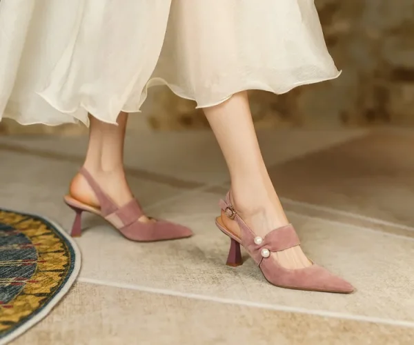 Sling- back Pearl Sheep Suede Leather Pointed Toe Thin Heel Sandals - Image 6