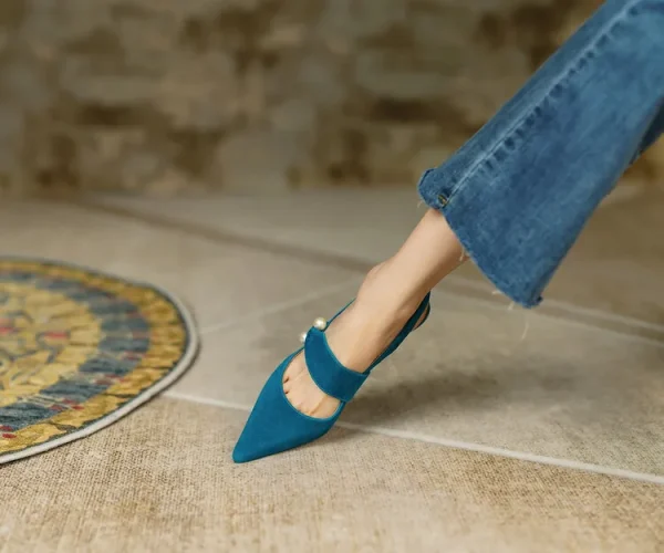 Sling- back Pearl Sheep Suede Leather Pointed Toe Thin Heel Sandals - Image 15