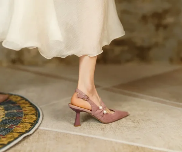 Sling- back Pearl Sheep Suede Leather Pointed Toe Thin Heel Sandals - Image 8