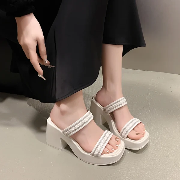 Soft And Comfortable Double Belt Thick-Sole Open-Toe High Heels
