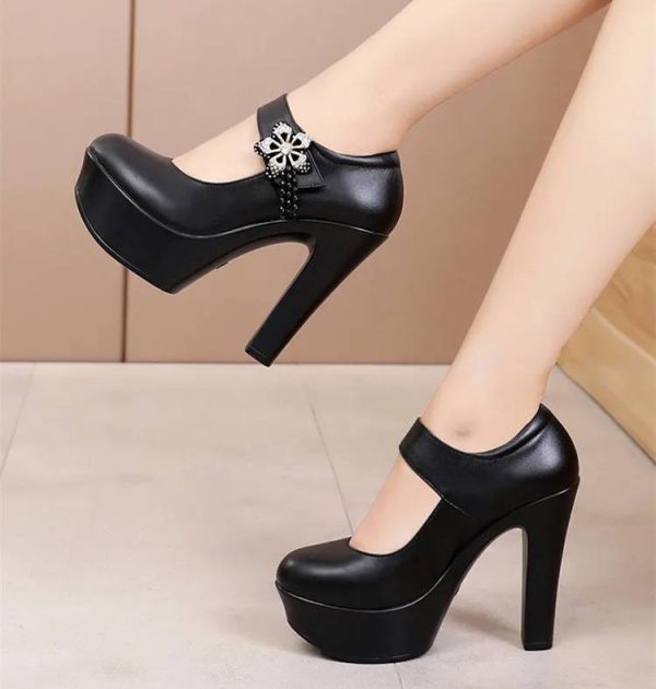Soft Leather Platform Wedding Party Block High Heels Pumps - Image 3