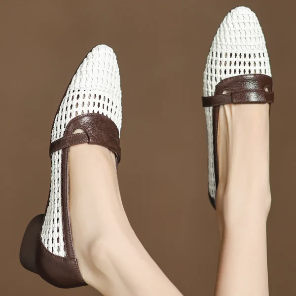 Soft Patchwork Genuine Leather Braided Microfiber Hollow-out Breathable Flats Loafers - Image 3
