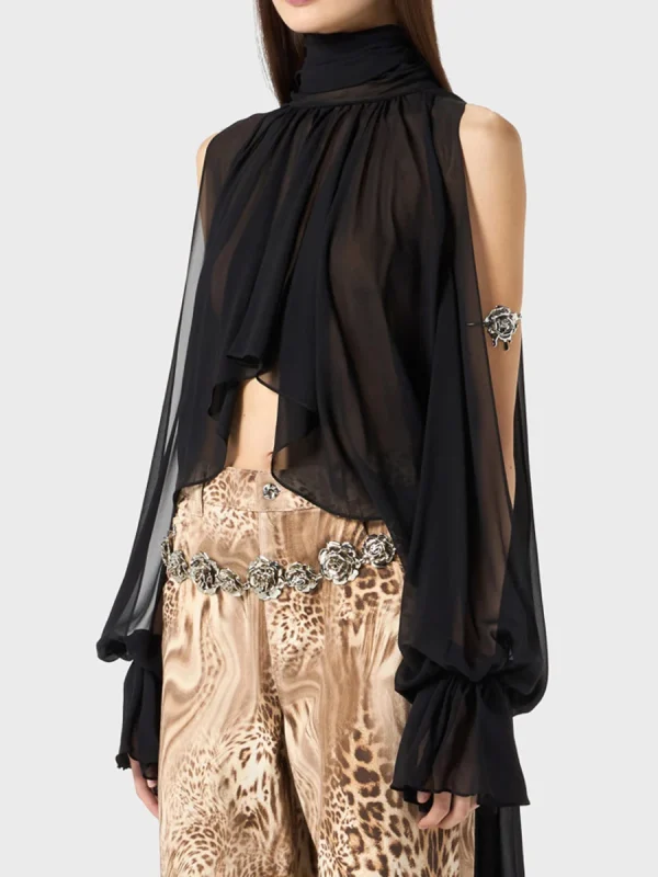 Solid Irregular High Neck Drop Sleeves Spliced Flods Temperament Shirt