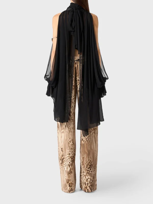 Solid Irregular High Neck Drop Sleeves Spliced Flods Temperament Shirt - Image 3