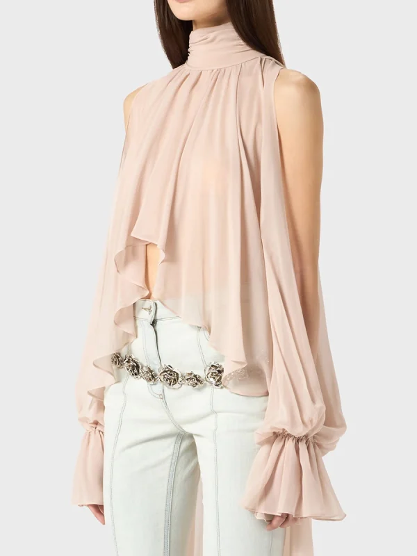 Solid Irregular High Neck Drop Sleeves Spliced Flods Temperament Shirt - Image 4