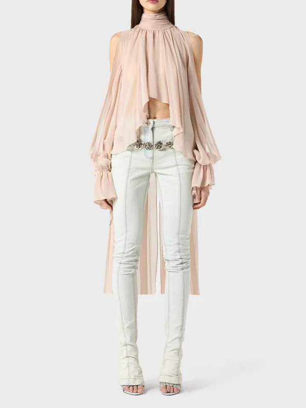 Solid Irregular High Neck Drop Sleeves Spliced Flods Temperament Shirt - Image 5