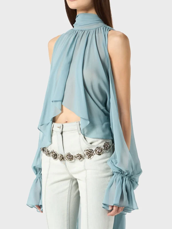 Solid Irregular High Neck Drop Sleeves Spliced Flods Temperament Shirt - Image 7