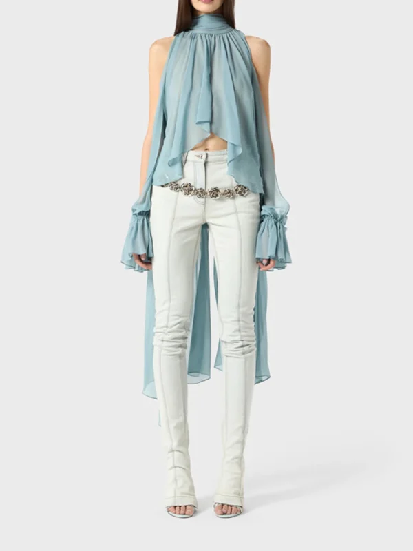 Solid Irregular High Neck Drop Sleeves Spliced Flods Temperament Shirt - Image 8