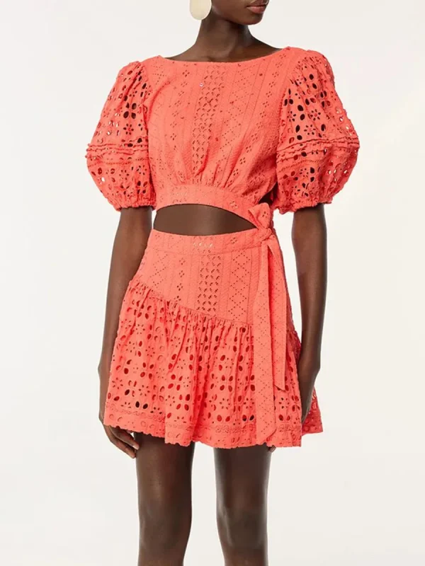 Solid Slimming Hollow Out O Neck Short Sleeve High Waist Temperament Dress - Image 3