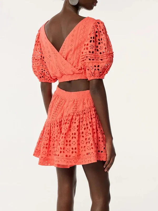 Solid Slimming Hollow Out O Neck Short Sleeve High Waist Temperament Dress - Image 5