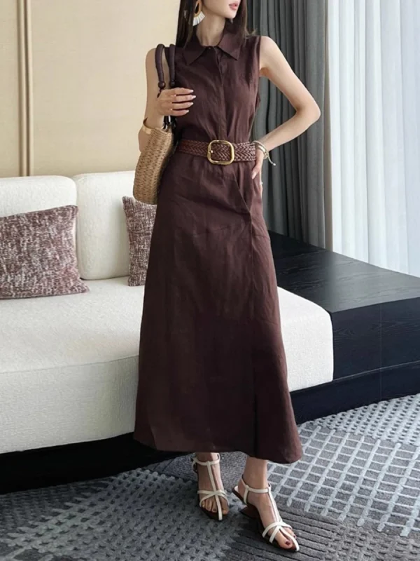 Solid Spliced Belt Slimming Sleeveless High Waist Temperament Long Dress
