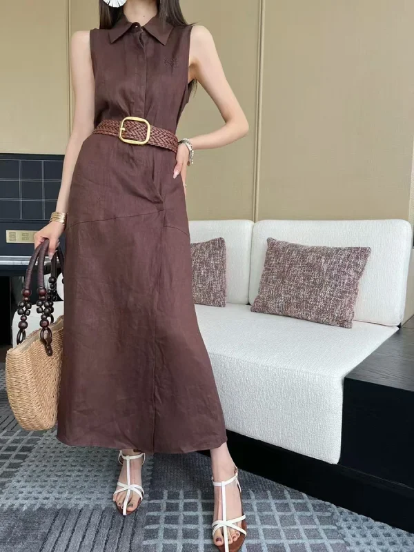Solid Spliced Belt Slimming Sleeveless High Waist Temperament Long Dress - Image 2