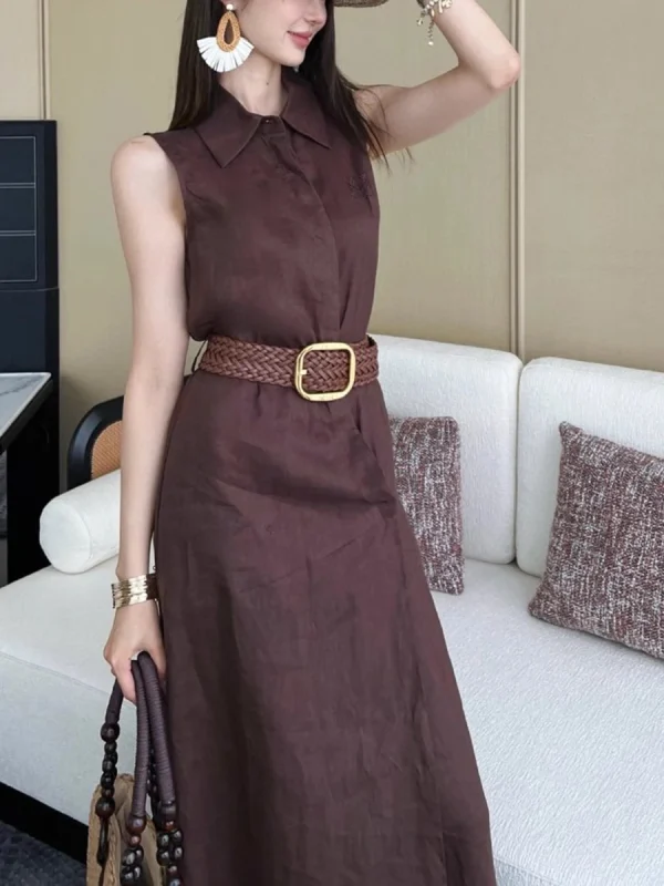 Solid Spliced Belt Slimming Sleeveless High Waist Temperament Long Dress - Image 3