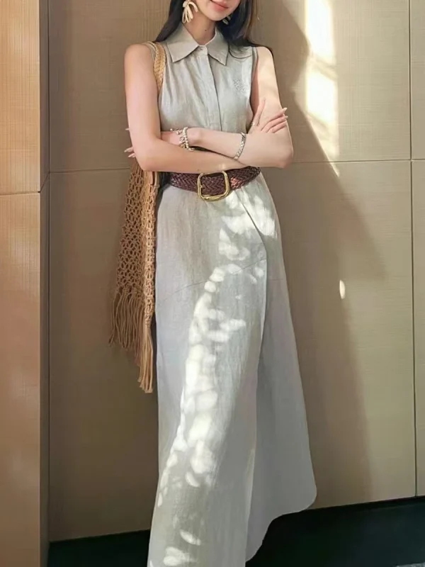 Solid Spliced Belt Slimming Sleeveless High Waist Temperament Long Dress - Image 4