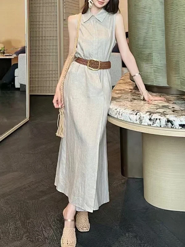 Solid Spliced Belt Slimming Sleeveless High Waist Temperament Long Dress - Image 5